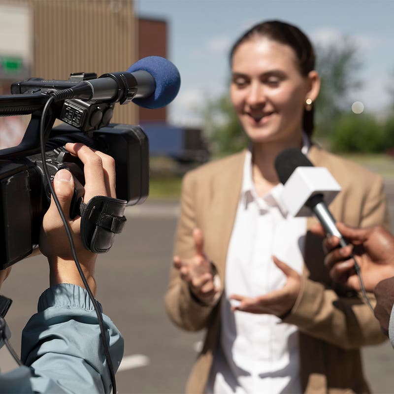 Spokesperson being interviewed outdoors by a camera operator and a reporter