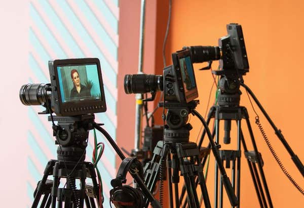 Camera equipment in preparation for interview, press conferences or television