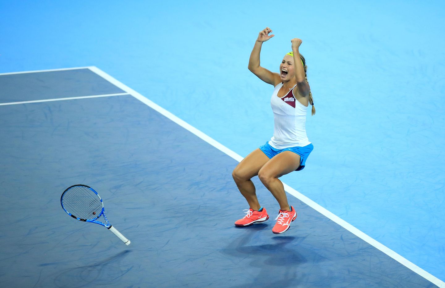 Yulia Putintseva celebrates her win during day one of the Fed Cup at the Copper Box, London.