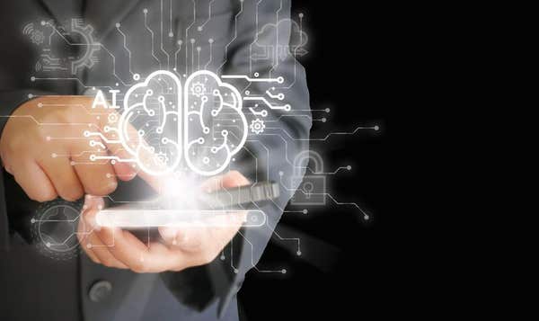 2R2B5BB Businessman uses smart AI or chat gpt on smartphone. Intelligence Ai, Chat with Artificial Intelligence, Chatbot. Fut