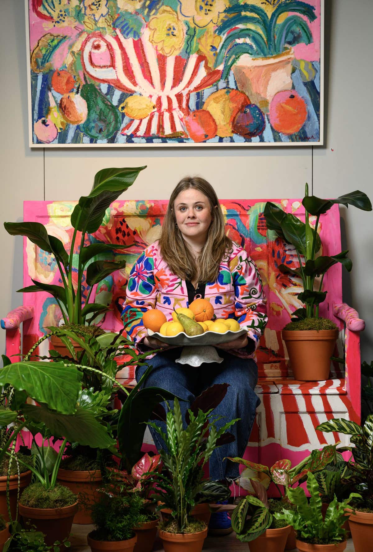 EDITORIAL USE ONLY Emily Powell at the preview for her solo exhibition, Emily Powell: Paintings on Prescription, at London’s