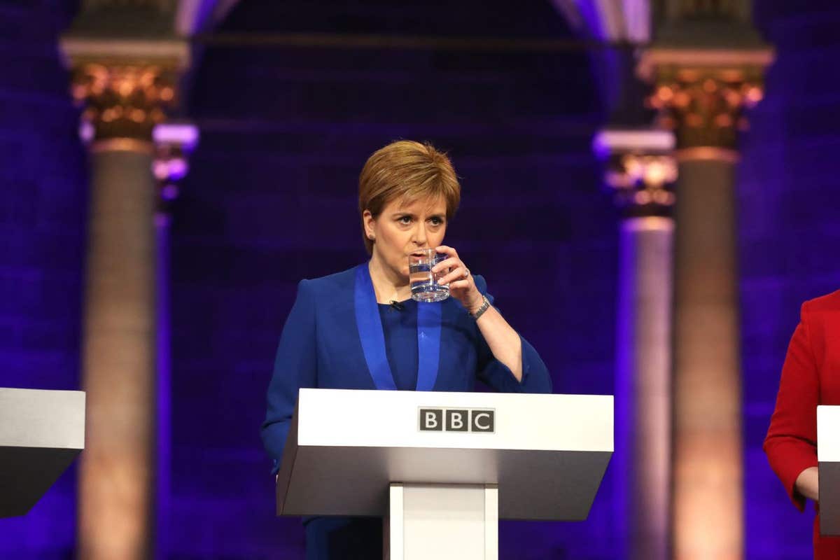 SNP leader and First Minister Nicola Sturgeon taking part in the Scottish Leaders’ debate at the Mansfield Traquair Centre in