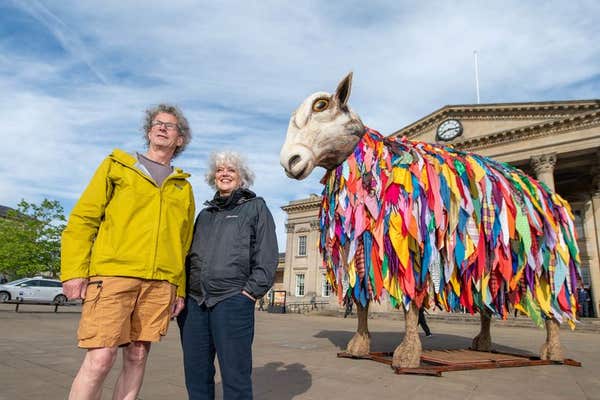 EDITORIAL USE ONLY Composer Orlando Gough and Helen Marriage, Director of Artichoke, with ‘Mother Sheep (Aina), a 4.5m tall s