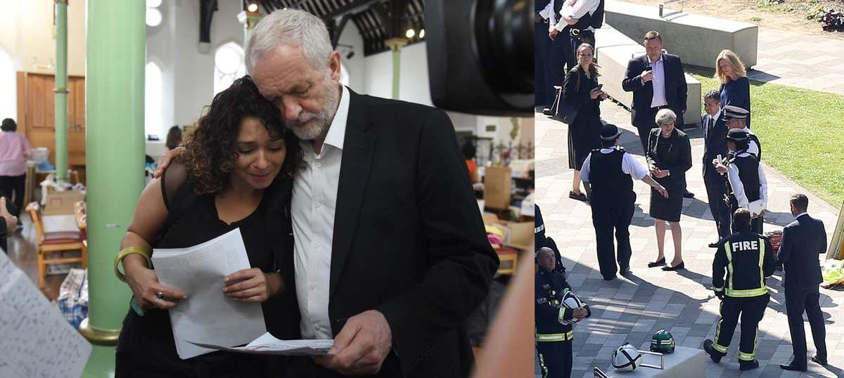 Labour leader Jeremy Corbyn comforts a local resident (name not given) at St Clement’s Church in west London where volunteers