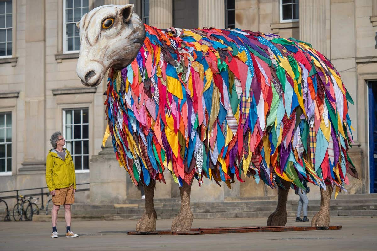 EDITORIAL USE ONLY Composer Orlando Gough with ‘Mother Sheep (Aina), a 4.5m tall sculpture, which is part of HERD, a soundsca