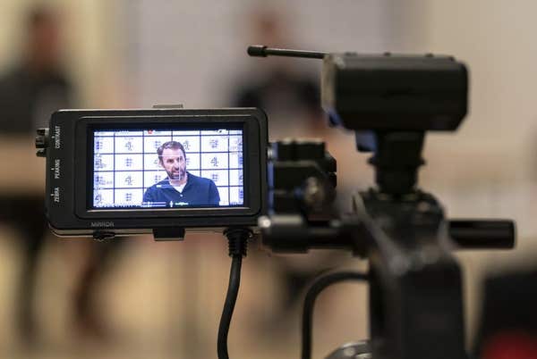 Gareth Southgate is viewed on the back of a video camera during a press conference at Lawnswood School, Leeds. Picture date: 