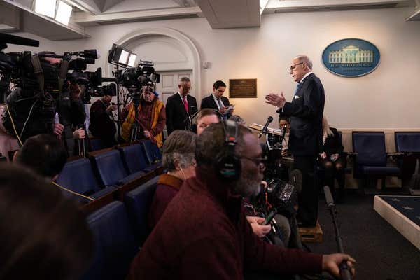 Larry Kudlow, Director of the National Economic Council, in the Brady Press Briefing Room speaks during a television intervie