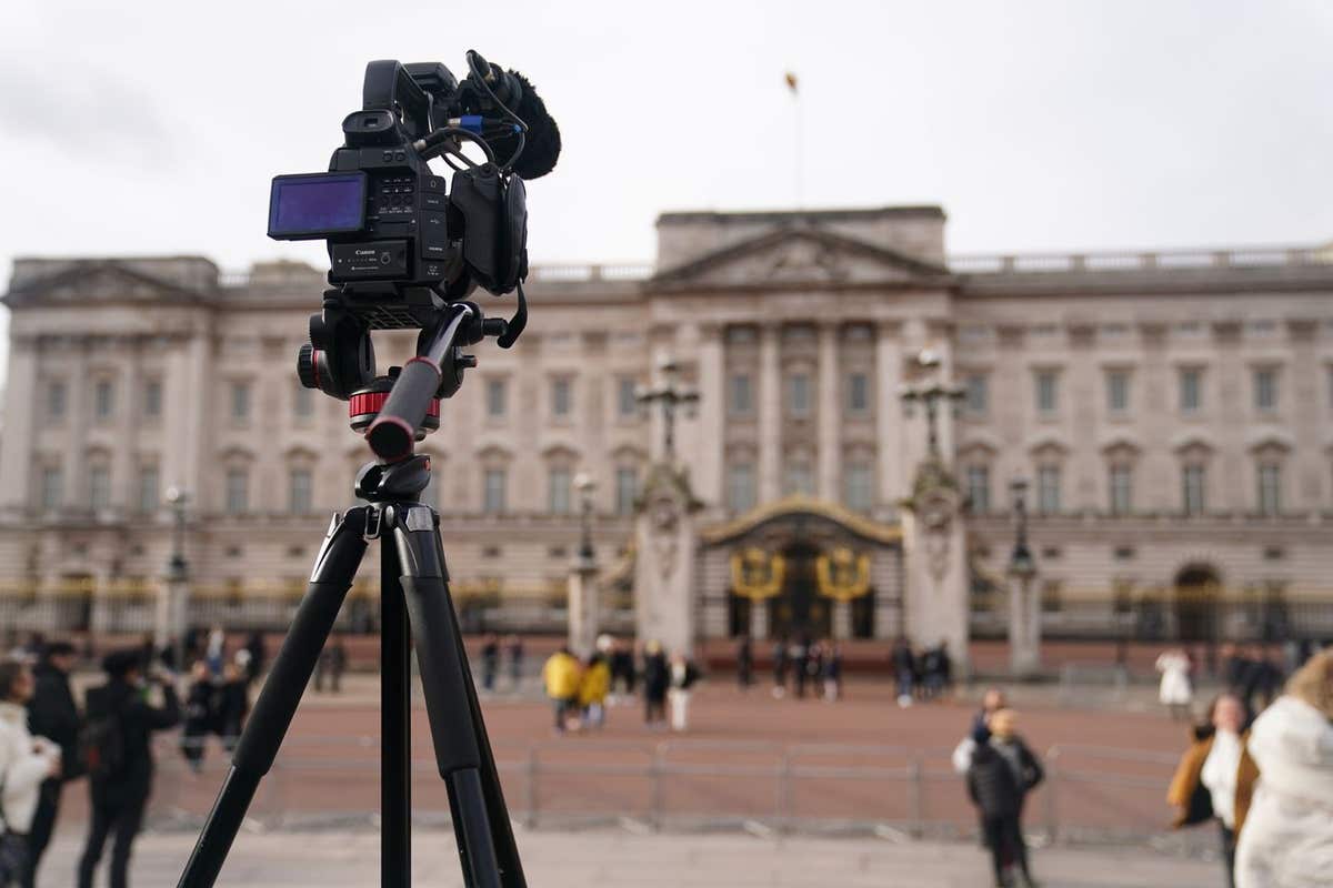 A video camera outside Buckingham Palace London, following the announcement of King Charles III’s cancer diagnosis on Monday