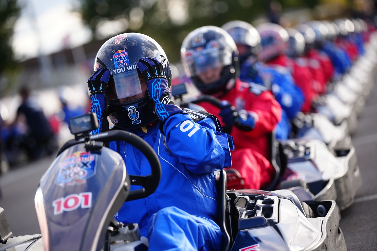 Journalist Jacky Martens in pole position ahead of the Max v 100 go-karting event at Silverstone, Towcester.