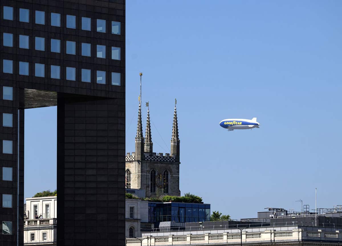 EDITORIAL USE ONLY General view of the Goodyear Blimp flying over the City of London in London during its UK tour in its 101s