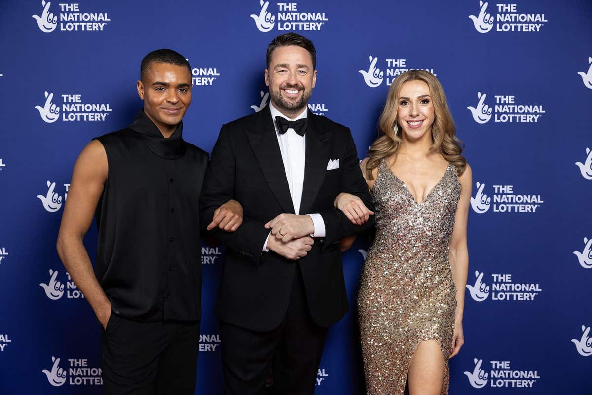 EDITORIAL USE ONLY Layton Williams, Jason Manford and Lauren Drew attend the National Lottery’s Big Night of Musicals red car