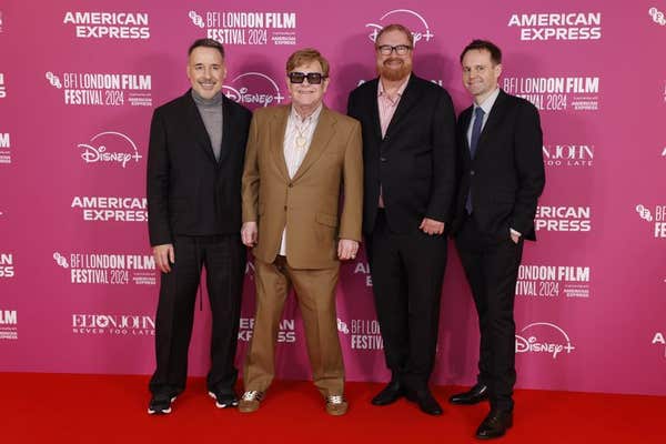 EDITORIAL USE ONLY (Left to right) David Furnish, Elton John, Director R.J Cutler, and producer Trevor Smith attend the Europ