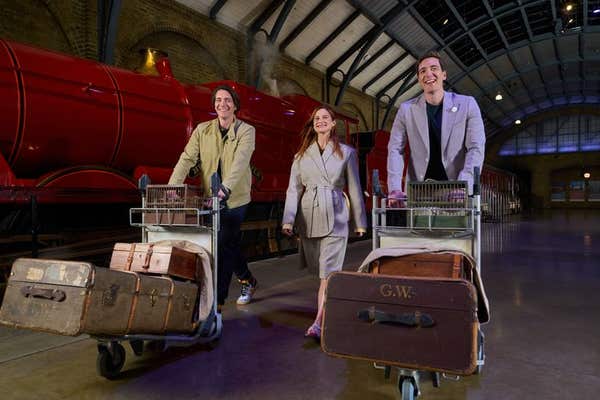 EDITORIAL USE ONLY James and Oliver Phelps with Bonnie Wright visit Warner Bros. Studio Tour London – The Making of Harry Pot