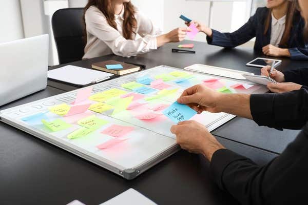 3E360YF Group of colleagues discussing business plan with Kanban board at table in office