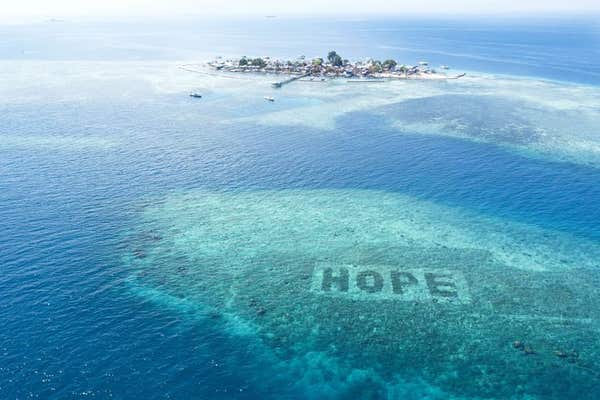 EDITORIAL USE ONLY Aerial view of Indonesia’s Spermonde Archipelago as Paralympian swimmer Ellie Simmonds visits the area to 