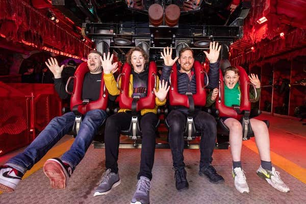EDITORIAL USE ONLY Fans experience one of the first rides of the day at the opening of Nemesis Reborn at Alton Towers Resort,