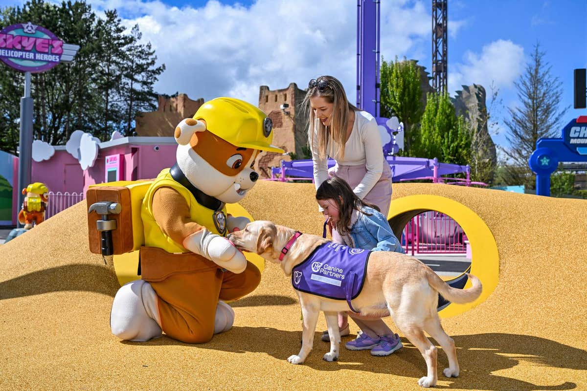 EMBARGOED TO 0001 MONDAY APRIL 27 EDITORIAL USE ONLY Elsie and her mum Claire Balcombe alongside Paw Patrol character Rubble