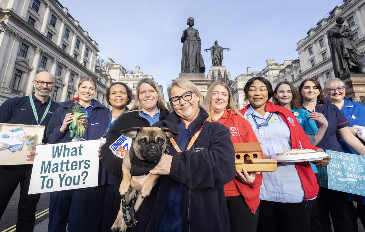 EMBARGOED TO 0001 MONDAY FEBRUARY 17 EDITORIAL USE ONLY Nurses from hospices across the capital, each holding an item symboli