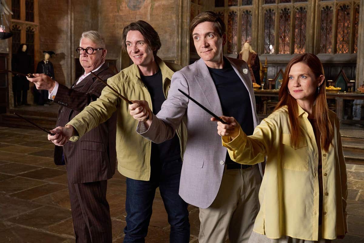 EDITORIAL USE ONLY Mark Williams, James and Oliver Phelps, and Bonnie Wright visit Warner Bros. Studio Tour London – The Maki