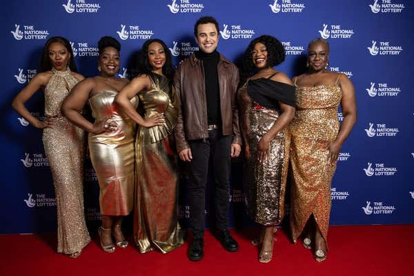 EDITORIAL USE ONLY Luke Brady and the cast of Hercules attend the National Lottery’s Big Night of Musicals red carpet at the 
