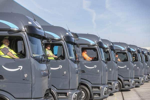 EDITORIAL USE ONLY A convoy of electric heavy-goods vehicles (eHGVs) arrive in the UK, part of the largest fleet of electric 