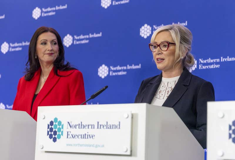 Deputy First Minister Emma Little-Pengelly (left) and First Minister Michelle O'Neill during a press conference at Stormont Castle in Belfast following a meeting of the Northern Ireland Executive. 