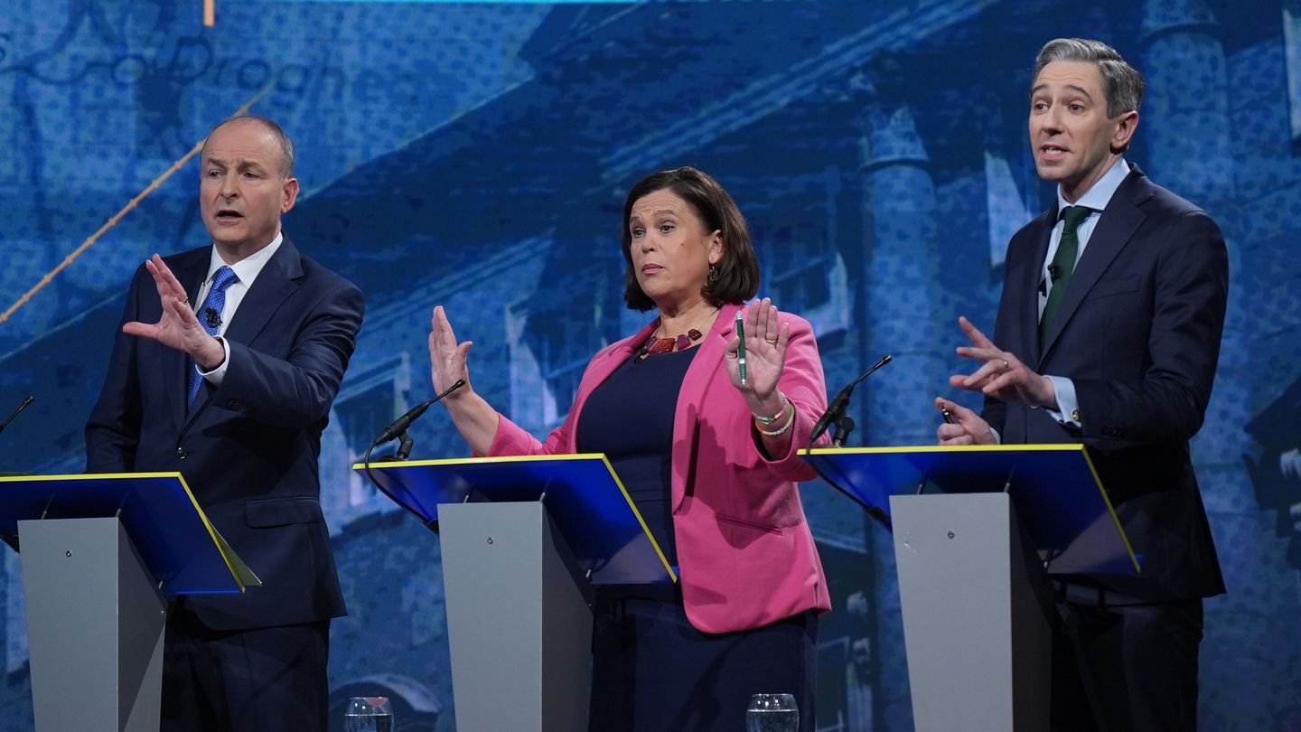 Tanaiste and Fianna Fail Leader Micheal Martin, Sinn Fein leader Mary Lou McDonald and Taoiseach and Fine Gael leader Simon Harris during the final TV leaders' debate, at RTE studios in Donnybrook, Dublin, ahead of the General Election on November 29. 