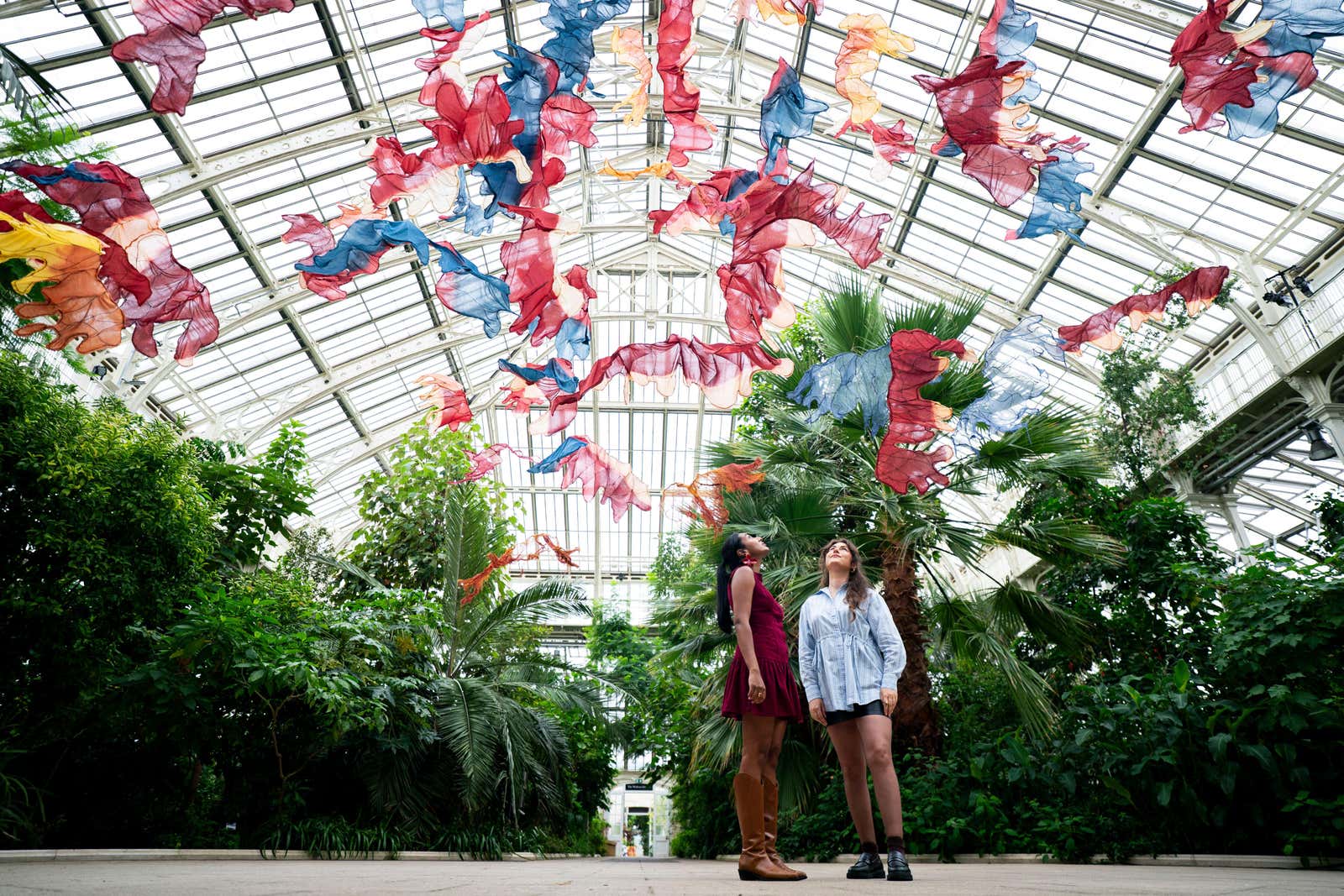 Between Earth and Sky by Australian-born Nigerian artist, educator and environmentalist, Nnenna Okoreon on display during a preview for the Material World exhibition in the Temperate House at Kew Gardens in London. The exhibition reveals the connections between plants, textiles and sustainability, and discover how nature inspires the clothes we wear and the futures we can create. Picture date: Thursday September 18, 2025.