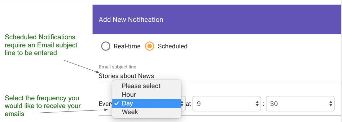 A scheduled email notification in the Create product